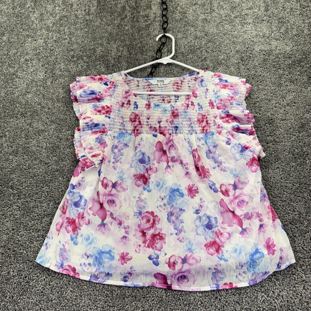 BB Dakota Blouse Womens Small Multicolor Floral Smocked Flutter Sleeve Tunic